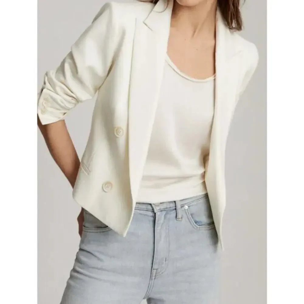 Reiss Cream White Double Breasted Cropped Blazer Peak Lapel NWT